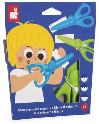 Janod - Set mit 3 Scheren mit 3 Schnittformen - Abgerundete, sichere Spitzen - Kunststoffklingen - Ideal für Bastelarbeiten - Für Kinder ab 3 Jahren - J07405