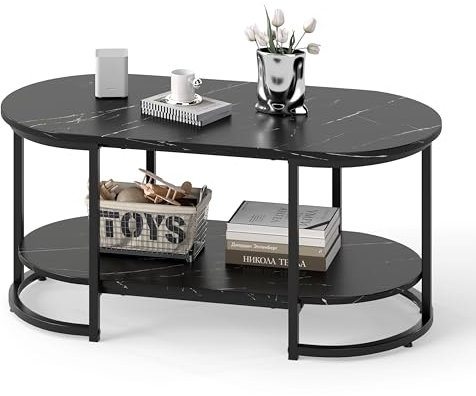 COSTWAY Faux Marble Coffee Table, Modern 2-Tier Center Table with Wide Tabletop & Open Storage Shelf, Gold Frame Oval Cocktail Table for Living Room Bedroom (Black)