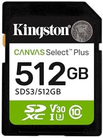 Kingston Cartes mémoire SD Canvas Select Plus 512Go SDXC Gen3 150MB/s C10 UHS-I U3 V30-SDS3/512GB
