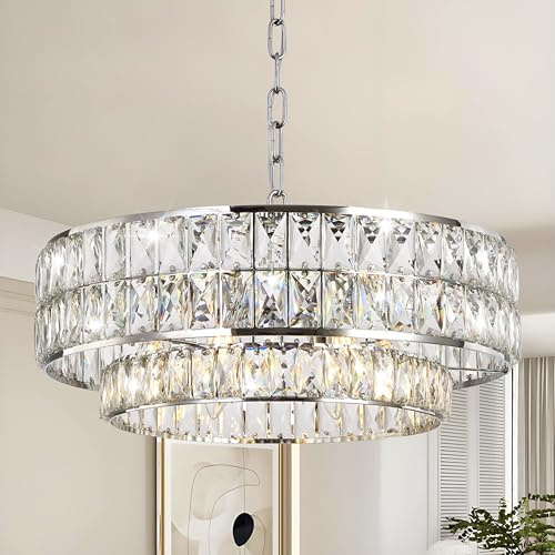 WELAKI HOME Modern Kristall Deckenleuchte silber – Elegante 6-Flammige Rund Kronleuchter mit Kristall, E12 für Schlafzimmer Wohnzimmer Esszimmer Küche Flur, Keine glühbirne, Ø35+Ø50cm