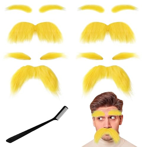 4 PCS Fake Yellow Mustache and Eyebrows, Stick On Moustache for Adults, The Cosplay Costume Accessories, Self Adhesive Fake Beard for Halloween Party Cosplay