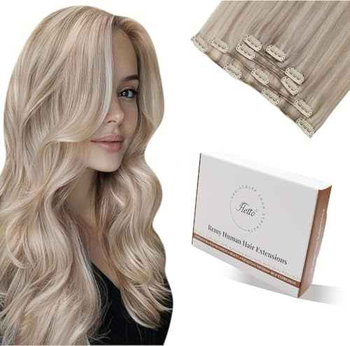 Hetto Echthaar Extensions Clip Aschhellgoldblond & Hellblond Highlights 55cm - Für Lange Haare: Invisible & Seamless Haarverlängerung, Extra Starke Clips für Sofortiges Volumen 80g 5pcs 18/613