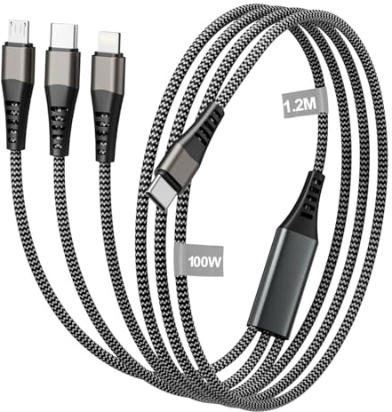 100W Cable USB C a Multi Cable [1.2M] 3 en 1 Cable Carga Rapida Nailon cable Tipo C (100w)+USB C a Lightning(27W)+Micro USB(10W) para iPhone 17/16/15/14/13, Galaxy S24/S23,iPad Pro,MacBook,Pixel