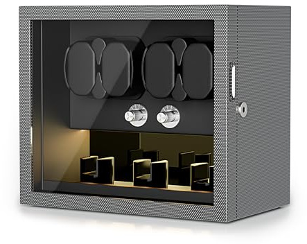 TWIXSTAR 4 Slots Uhrenwinder mit 3 Zusätzlichen Speichern, Schlüsselschloss Uhrenwinder für Automatische Uhren mit Leiser Motor,4 Rotationsmodi, LED-Licht und Typ-C-Adapter,Geschenk für Uhrenliebhaber