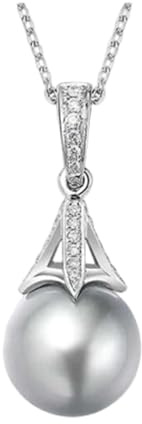 Bishilin Halskette Damen Weißgold 375, Kette Weißgold 45CM mit Anhänger 10MM Grau Perle und 0.06ct Diamant Halskette Charms für Hochzeit Braut