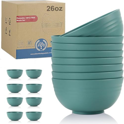 Wrova Reusable Plastic Bowl Sets 8 PCS Unbreakable Ramen Bowls 26 OZ Microwave and Dishwasher Safe Bowls, Suitable for Ramen, Cereal, Salad and Soup - GreenColors