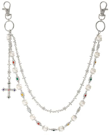 BDKMMS Hosenkette Damen Herren, 47cm Kreuzanhänger mit Perlen und Strasssteinen, Guertelkette Taillenkette, Jeanskette im Hip Hop Stil, Unisex Hosenschmuck, Kette für Jeans und Rucksacke