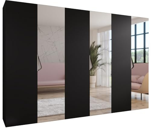 MEBLE KRYSPOL - Kleiderschrank - Garderobenschrank - 300 cm x 202 x 52 cm - Schrank mit Kleiderstange und Spiegel, 6 Türen - für Schlafzimmer, Flur - SANDI, Schwarz, Griff Kaschmir