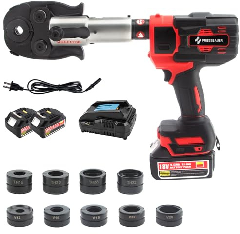 Professionell Presszangen Set mit V12 V15 V18 V22 V28 Und TH16 TH20 TH26 TH32 Matrizen,18V Akku Presswerkzeug Kunststoff & Metall Fittings mit 2-Akku,Schnellladegerät und Tragetasche