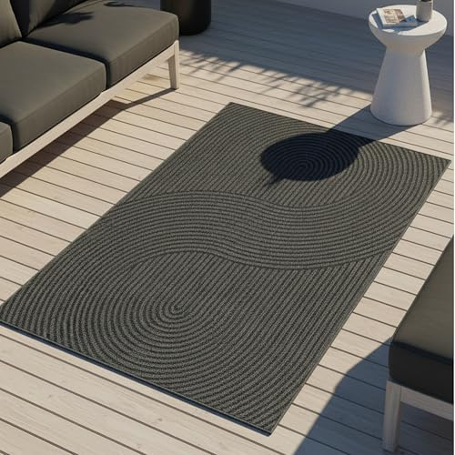 CARPETIA Outdoor Teppich Wellenmuster Anthrazit Pflegeleicht 80x200 cm | Pflegeleicht, wetterfest und robust, modernes Wellenlinien-Design in Anthrazit für Balkon, Terrasse & Garten