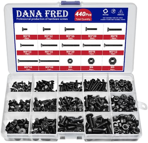 440 Pieces Flat Hex Socket Head Cap Screws Kit Metric Thread Hexagon Allen Head Drive Countersunk Machine Bolts Nuts Standard Fastener Hardware Assortment Kit Set Alloy Steel 10.9 Class Black M3 M4 M5