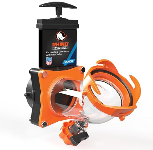 Camco Rhino Blaster Pro Camper/RV Tank Rinser | Features 45-Degree Angled Clear Elbow & Gate Valve | Includes Vacuum Breaker for Backflow Prevention & 4-Prong Bayonet Swivel Fitting (39086)