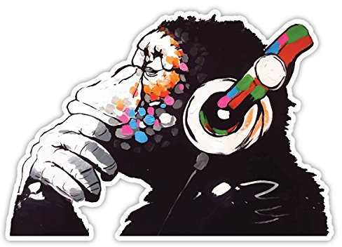 4 Pack Banksy Thinker Monkey Headphones Design | Wall Art Graffiti Vinyl Sticker | Urban Art Window, Car, Laptop Decal (Small - 5x3.5cm)