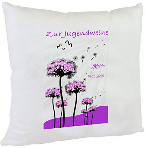 Kilala Kissen Jugendweihe waschbar Zierkissen 40 x 40 Geschenk Dekokissen (Pusteblume lila)