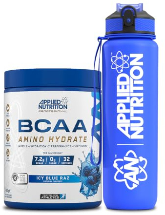 Applied Nutrition Bundle: BCAA Powder 450g + Lifestyle Water Bottle 1000ml | Branched Chain Amino Acids BCAAs Supplement, Intra Workout & Recovery (450g - 32 Servings) (ICY Blue Raz)