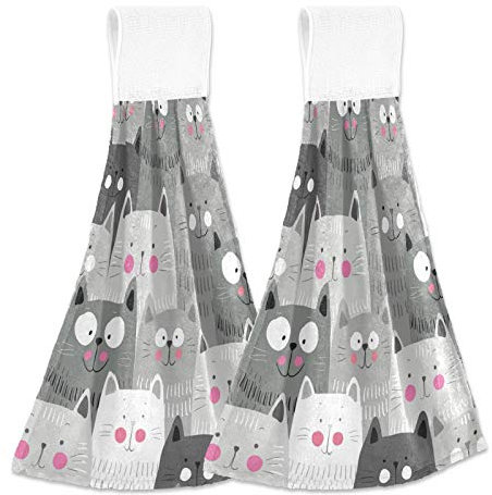 Boccsty Küchentücher mit Katzenmotiv, zum Aufhängen, 2 Stück, lustiges graues Katzen-Tier, Geschirrtuch, Handtücher für Badezimmer, Bauernhaus, Einweihung, Tischplatte, Zuhause