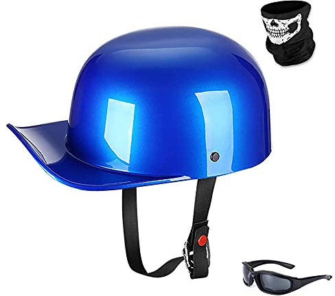 Woljay Casco Moto Retrò Mezzo Caschi Moto Casco per Ciclomotore Berretto Scooter Baseball Uomo e Donna Adulti con occhiali maschera (Medium, Blu)