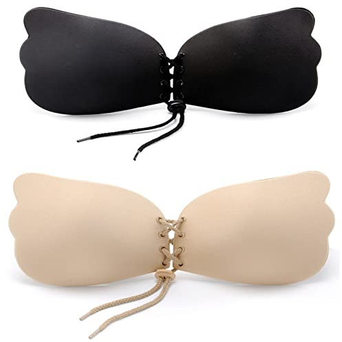 Queena Reggiseno Invisibile Senza Spalline Adesivi Riutilizzabile Bra in Silicone Push Up Autoadesivo Invisibile Reggiseno Costume da Bagno Donna Schiena Scoperta per Abito da Sera, Nudo+nero, L