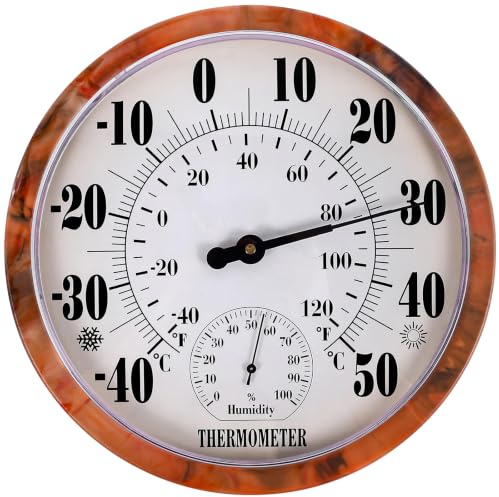 Indoor Outdoor Thermometer Hygrometer - 10 Zoll Außenthermometer Große Zahlen, 2 in 1 Thermometer Hygrometer, Außenthermometer für Terrasse (Brown)