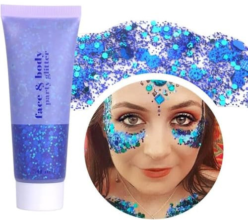 Beliky Girl Body Glitter Gel, 50ML Face Glitters Body Gel Sequins Shimmer Liquid Eyeshadow, Mermaid Sequins Liquid Holographic Glitter Gel, Chunky Glitter for Face Hair Nails (Blue)