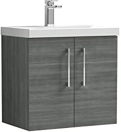 nuie ARN523A Arno Modern Bathroom Wall Hung 2 Door Vanity Unit with Mid-Edge Ceramic Basin, 600mm, Woodgrain Anthracite