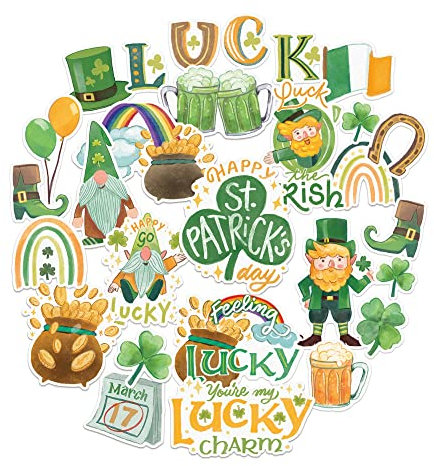 Navy Peony Glückliche St. Patrick's Day-Aufkleber (30 Stück) – wasserfest, Irland-Motive, grüne Designs | Kinderaufkleber zum Basteln, für Wasserflaschen, Geschenke