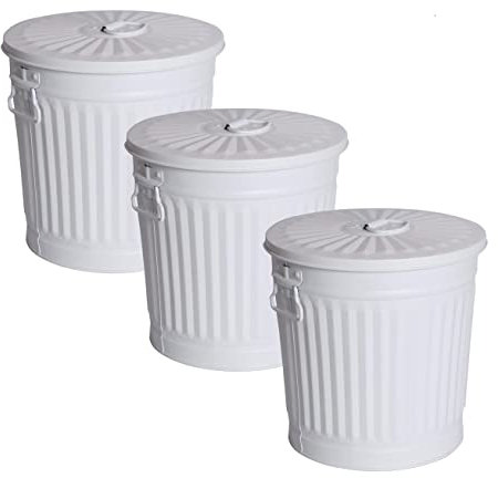 Jinfa 3 Poubelles metal exterieur vintage conteneur poubelle tri if bacs à déchets de jardin | Blanc | Diamètre Ø 42 cm - Hauteur 47,5 cm | Capacité: 62 litres