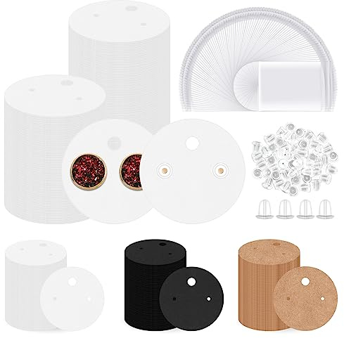GLARKS 600Pcs Round Earring Cards with Earring Backs and Self-Sealing Bags Kit, 4 cm White Earring Display Cards Earring Holder Cards for Stud Earrings Dangle Jewelry Display Earring Packaging