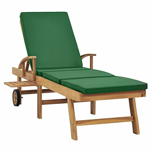 Keketa Sonnenliege mit Auflage Gartenliege mit Rollen Strandliege Relaxliege Holzliege Liegestuhl Terrassenliegen Rückenlehne und Fußteil Verstellbar Massivholz Teak Grün