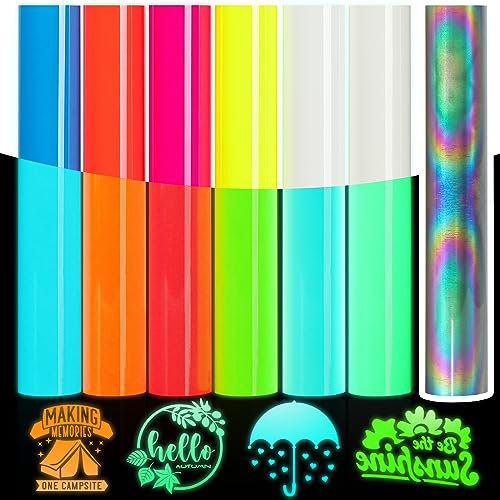IModeur Confezione da 6 vinile termoadesivo in poliuretano che si illumina al buio con 1 confezione riflettente HTV – 30,5 x 25,4 cm vinile termoadesivo per Cricut Maker, Silhouette Cameo, HTV vinile