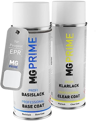 MG PRIME Autolack Sprühdosen Set für Peugeot EPR Blanc Icy/Eis-Weiss Basislack Klarlack Spraydose 400ml
