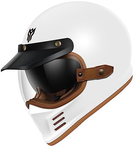 DXDRT Retro Full Face Motorradhelm, DOT/ECE Genehmigter Street Bike Helm Mit Getönter Sonnenbrille Bubble Mirror, Unisex-Erwachsene Cafe Racer ATV UTV Scooter Helme,Weiß,L