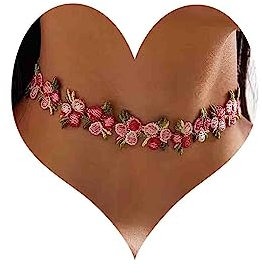 Atentuyi Boho Rosa Blume Spitze Choker Halskette Rosa Rose Choker Kette Floral Choker Rosa Blume Choker Hochzeit Braut Brautjungfern Blume Spitze Halskette Schmuck Für Frauen Teenager Mädchen