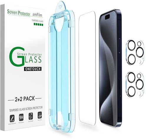 amFilm OneTouch 2+2 Pack Compatible with iPhone 15 Pro Max Screen Protector 6.7 Tempered Glass and Camera Lens Protector, Premium Easiest Installation Kit 9H, Case Friendly Anti-Scratch HD
