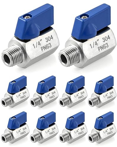 QWORK Mini-Kugelhahn, 10 Stück, 6,35 mm NPT-Gewinde weiblich und männlich, 304 Edelstahl, Absperrventile