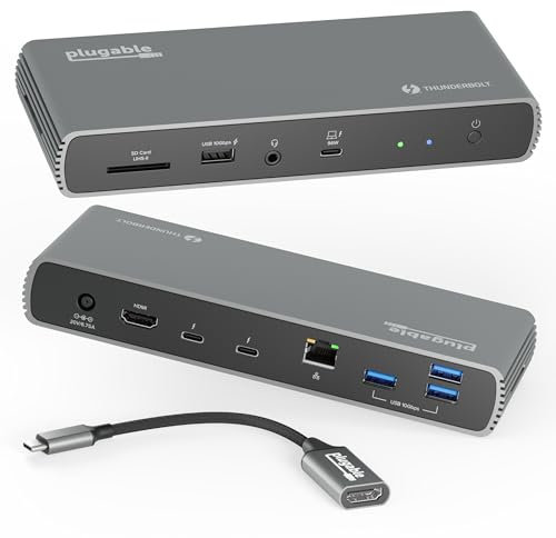 Plugable Thunderbolt 4 Dock - 100W Charging, 3x Thunderbolt Ports, Dual Monitor Support (Single 8K or Dual 4K), 2.5G Ethernet, 4x USB, SD Card Slot