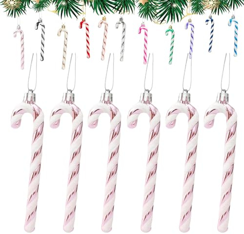 6Pcs Babypink and White Plastic Candy Cane Christmas Tree Decorations 13cm,Christmas Glitter Candy Cane,Christmas Tree Hanging Decorations for Xmas,New Year,Festive Candy Cane Party Decor Supplies