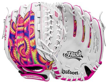 Wilson 2024 A440™ Flash™ Youth Outfield Fastpitch Softball-Handschuh, Rechtshänder, Weiß/Rosa/Batikfärbung