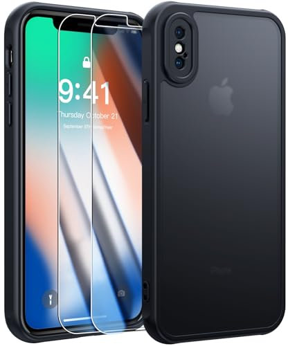 FLLAO Coque Compatible avec iPhone X/XS et 2 Pièces Verre Trempé, Protection Antichoc Qualité Militaire, Anti-Jaunissement étui de Housse Arrière Translucide Givrée. (Noir)