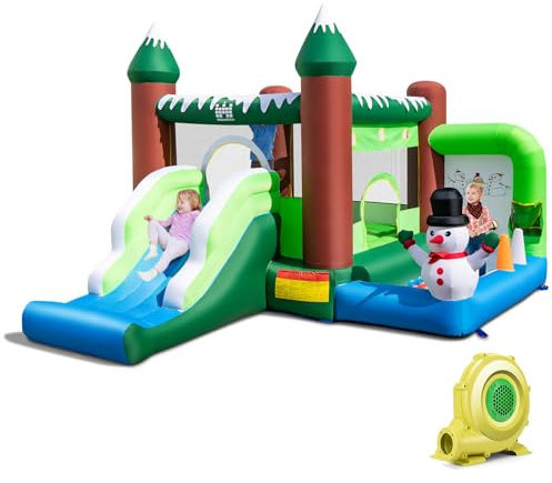 DREAMADE Aufblasbare Hüpfburg mit Gebläse, 6-in-1 Schneemann-Springburg mit Rutsche & Sprungbereich, Indoor/Outdoor Hüpfburg für Kinder ab 3 Jahre, 380 x 340 x 245 cm