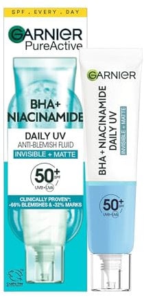 Garnier Pure Active Fluido Anti-imperfecciones Anti-UV Diario FPS50+ con BHA y Niacinamida, acabado Mate e Invisible, para pieles grasas con tendencia acneica, 40 ml