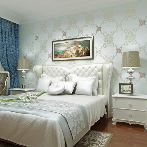 HimYKEA European Large Flowers Damask Wallpaper Rustic Relief 3D Non-Woven Home Decoration Cozy Bedroom Living Room Non-Pasted Wallpaper Light Blue 1.73'W x 32.8'L