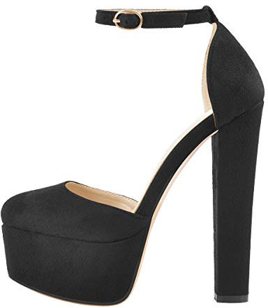 MissHeel Plateau Mary Janes Blockabsatz Schnallen High Heels Schwarz Faux Suede EU 38