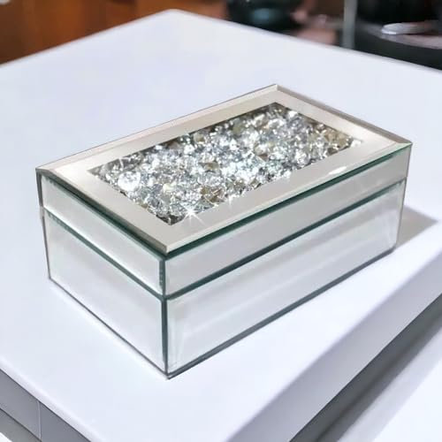 SERENA'S ® Joyero de cristal con espejo de diamante aplastado plateado, organizador de maquillaje, caja de almacenamiento de cosméticos, organizador de productos para el cuidado de la piel, caja de