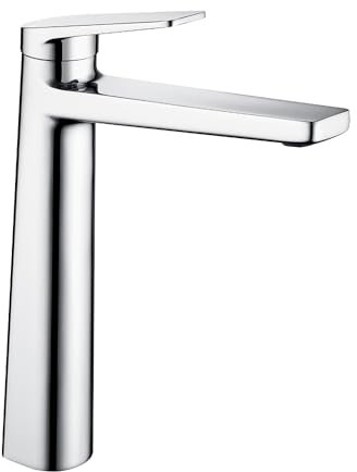 Miscelatore lavabo alto cromato con sottile leva monocomando, in ottone con cartuccia a dischi ceramici e attacco standard, NEMES