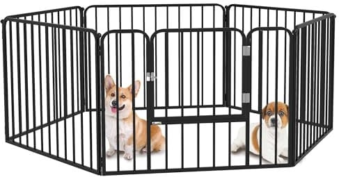 PawHut Box per Cani Taglia Media e Piccola a 6 Pannelli Modulabili da Interno ed Esterno, Cancello per Cani in Acciaio con 7 Picchetti, 164x83x60 cm, Nero