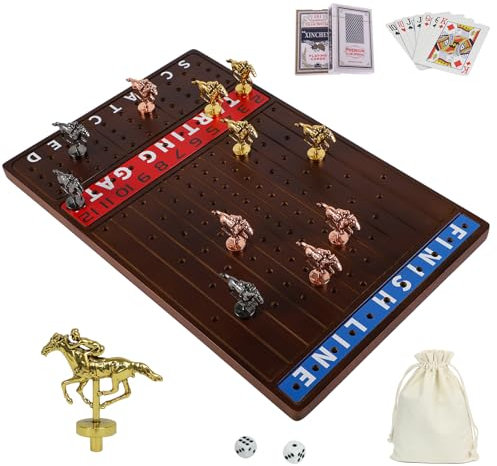 NRZSSN - Pferderennen Brettspiel mit 11 luxuriösen, langlebigen klassischen Metallpferden mit 4 Würfeln und 2 Kartenschachteln aus dickem Massivholz für Pferderennen (Walnuss,