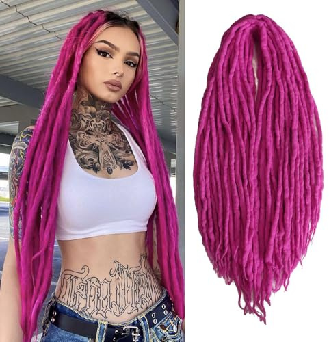 Wool Dreadlock Extensions 22 Inches Hot Pink Double Ended Dreadlocks Extensions DE Ends 15 Strands Straight Hippie Reggae Style Dreads Extensions for Women