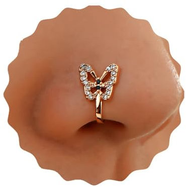 Crymystal Vintage Strass Schmetterling Nase Ring Gold - Fake Fach U-förmige Clip Nagel Biegbare Persönlichkeit Schmuck für Frauen und Mädchen Geschenke