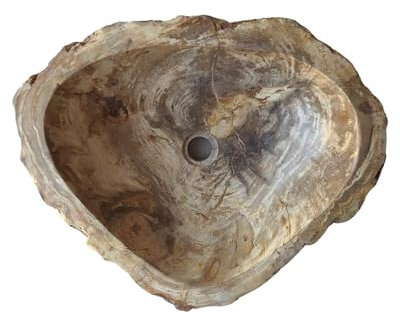 Kalu creations Lavabo da Appoggio in Legno Fossile, Lavandino a Mano in Pietra Fossile, Lavabo da Appoggio per bagno e cucina, Ciotola di Lavaggio in Pietra Naturale 53 x 42 x 15 cm - Beige scuro